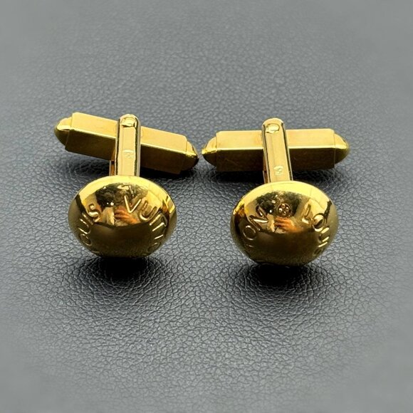 Louis Vuitton Logo Gold Plated Button Cufflinks with Green Taiga Leather Case. - Picture 1 of 9